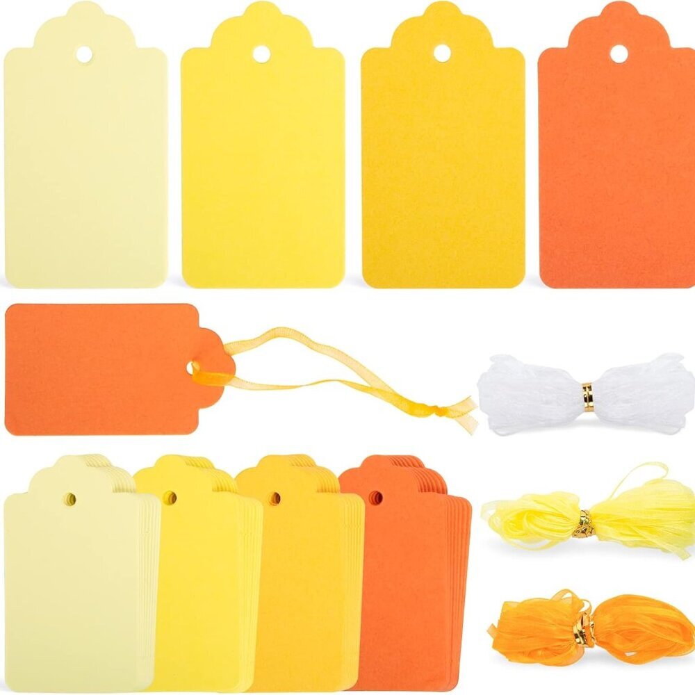 100PCS Gift Tags, Yellow Paper Tags Hanging Label with Organza Ribbons for Gift